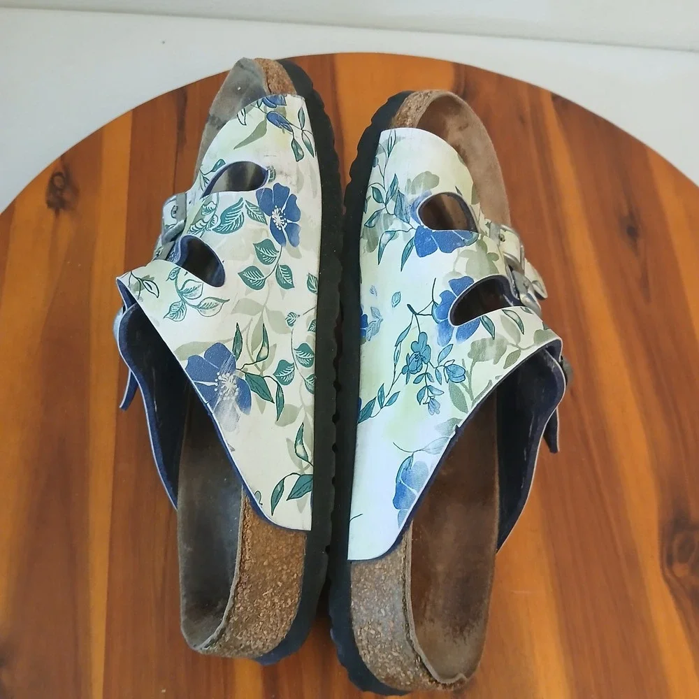 Papillio Birkenstock Florida Sandals Womens 36 Blue Floral Triple Strap Slides